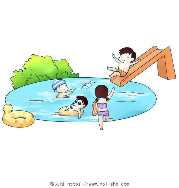手绘卡通夏天水上乐园儿童素材